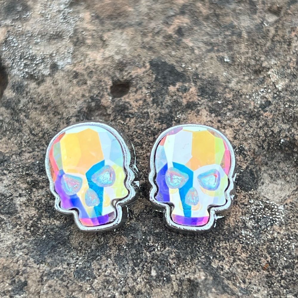 Skull stud earrings made with aurora borealis Swarovski crystal